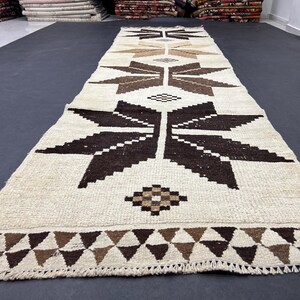3x11.7 Herki Turkish Runner Rug: Brown Cream Vintage Wool Hallway Rug