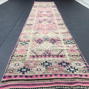 2.6x11.9 Turkish Runner rug,vintage persian runner,wool pink oushak runner,3x12 antique stairs runner,hallway runner,kitchen runner,neutral