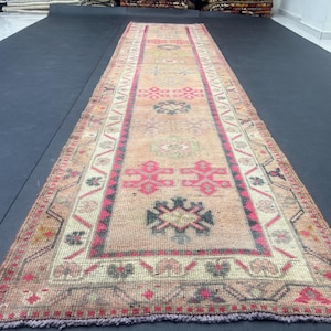 2.9x12 Turkish Runner rug,vintage persian runner,wool pink oushak runner,3x12 antique stairs runner,hallway runner,kitchen runner,neutral