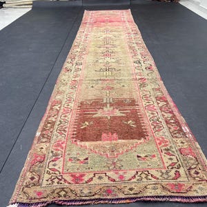 2.6x11.9 Turkish Runner rug,vintage persian runner,wool pink oushak runner,3x12 antique stairs runner,hallway runner,kitchen runner,neutral