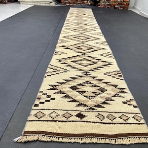 2x14 Persian Herki  narrow brown cream runner rug,long vintage turkish runner,oushak runner,hallway rug,kitchen rug