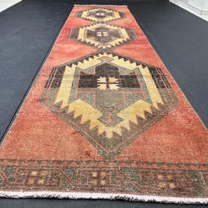 3x11.7 Vintage Turkish Oushak Runner Rug: Handmade Wool Kitchen Rug