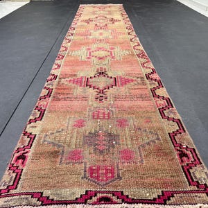 2.5x12.5 Turkish pink green Runner rug,vintage runner,wool Persian runner,antique oushak runner,3x13 kitchen runner,hallway runner