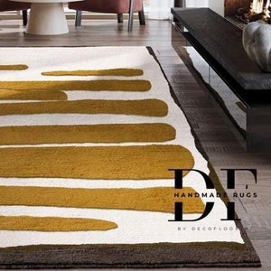 Tappeto tuftato a mano - Tappeto di lana moderno e astratto di design in senape e bianco per interni contemporanei