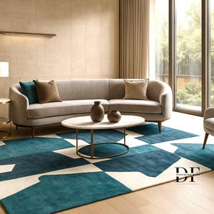 Handmade Geometric Wool Area Rug: Bold Teal Blue Abstract Design