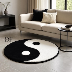Handmade Yin Yang Rug: Black & White Boho Decor - 2x2 ft