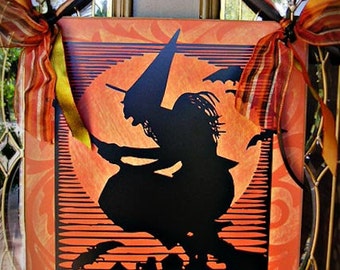 Vintage Halloween Sign. Witch on her Broomstick Halloween . Table Easel or door hanger sign