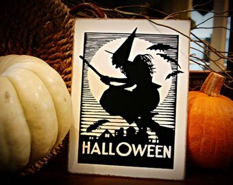 Witch on her Broomstick Halloween  Table Easel or door hanger sign