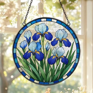 Blue Irises Stained Glass Suncatcher, Iris Flower Window Hanging, Unique Gift for Flower Lovers, Birth Month Floral Decor, Home Decoration