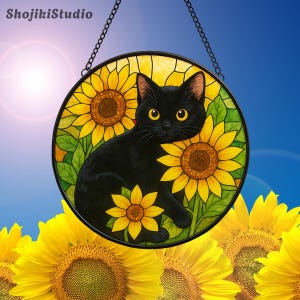Sunflower & Black Cat Stained Glass Suncatcher, Sunlight Catcher Window Hanging Decor, Cat Lover Gift, Mom Gift, Black Cat Suncatcher