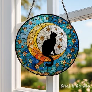 Cat on Moon Glass Suncatcher, Black Cat Ornament, Cat Lover Gift, Home Decor for Cat Lovers, Cat Mom Gift, Mother’s Day Gift, Cat Wall Decor