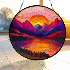 Mountain Range Stained Glass Suncatcher, Nature Window Hanging, Stained Glass Window Decor, Christmas Home Decor, Scenic Glass Ornament