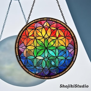 Mandala Stained Glass Suncatcher, Geometric Window Hanging, Boho Sun Catcher Ornament, Colorful Glass Art, Outdoor Patio Wall Decor