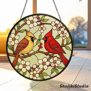 Cardinal Stained Glass Suncatcher, Red Bird Window Hanging, Male and Female Cardinal Decor, Memorial Bird Lover Gift, Colorful Glass Home