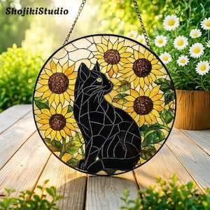 Sunflower Black Cat Glass Suncatcher, Cat Lover Gift, Black Cat Memorial Ornament, Wall Hanging Gift for Mom, Pet Gift, Sunflower Cat Decor