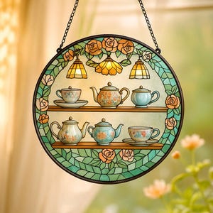 Cottagecore Floral Teacup Suncatcher, Vintage Tea Lover Window Hanging, Acrylic Stained Glass Decor, Mother’s Day Gift, Window Hanging