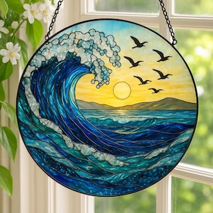 Ocean Waves Stained Glass Suncatcher, Coastal Window Hanger, Beach Decor, Ocean Suncatcher Gift, Coastal Art, Beach Lover Window Hanging