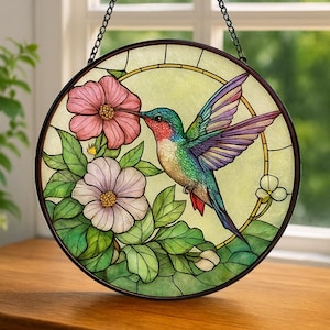 Colorful Hummingbird Stained Glass Suncatcher, Nature-Inspired Home Decor, Sympathy Gift, Window Hanging, Gift for Mom, Bird Lover Wall Art