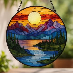 Mountain Range Stained Glass Suncatcher, Nature Window Hanging Decor, Stained Glass Mountain Landscape Ornament, Seasonal Home Decor