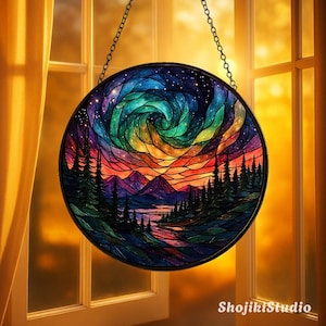 Northern Lights Aurora Glass Suncatcher, Forest Aurora Window Hanging, Handcrafted Nature Decor, Gift for Nature Lovers, Aurora Borealis Art