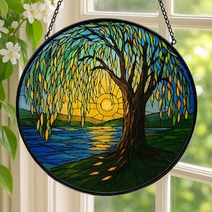 Weeping Willow Glass Suncatcher, Minimalist Window Hanging Decor, Nature-Inspired Stained Glass, Trendy Wall Art, Modern Home Decor Gift