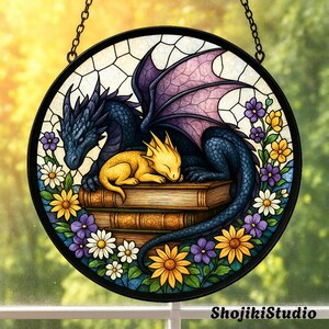 Stained Glass Fantasy Dragon Suncatcher, Book Lover Window Hanging, Dragon Art Decor, Gift for Dragon lover, Book Club Gift, Home Decoration