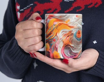 Keramische mok, keramische mok aquarel, artistieke koffiemok, unieke aardewerkmok, handgemaakte keramische mok, kleurrijke swirly mok (11oz)