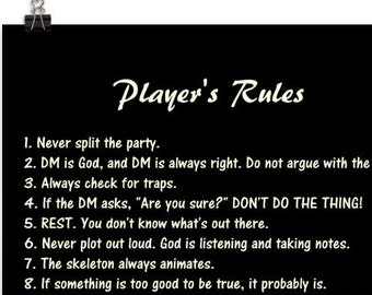 Player's Rules Poster - D&D / Dungeons and Dragons - 20 Things Collection