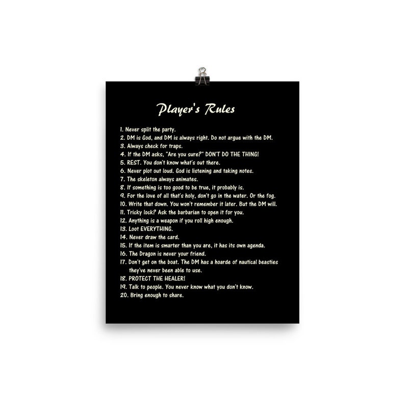 Dc Jr. Rules Player's Rules Poster - D&D / Dungeons and Dragons - 20 Things ...