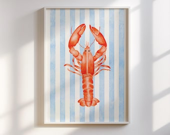 Kunst aan de muur kreeft - pastel kreeft gestripte muurkunst, blauwe kreeft gestreepte kustafdrukken, kwekerij prints Blue Beach House, digitale download