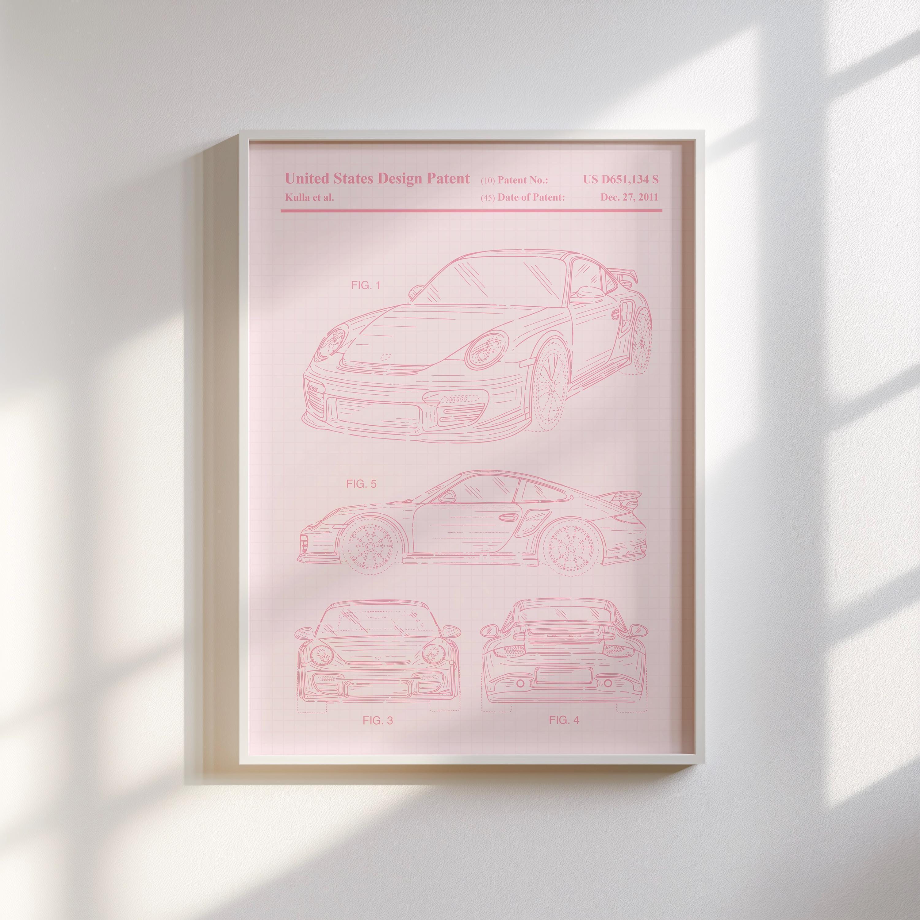 Porsche Patent Print Pastel (Soft Pink) - Pink Porsche Art Print, Trendy Feminist Car Decor, Vintage Car Decor, Digital Download