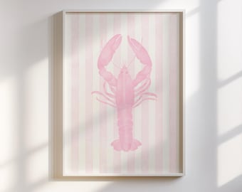 Quadro con aragosta (rosa su rosa) - Quadro con aragosta a righe pastello, stampe a righe in stile costiero, stampe per cameretta in stile casa al mare, download digitale