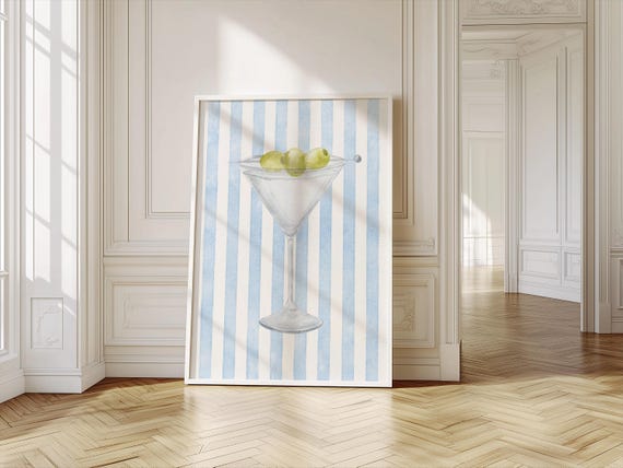Martini Wall Art (Blue) - Pastel Cocktail Stripped Wall Art, Blue Martini Bar Cart Prints, Coastal Bar Prints, Bar Art, Digital Download