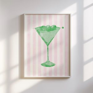 Sztuka ścienna Martini (zielona na różu) - pastelowa sztuka ścienna koktajlowa, sztuka ścienna Beverly Hills Hotel, wydruki na różowym barze Martini, pobieranie cyfrowe