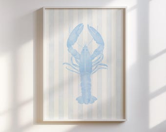 Kunst aan de muur kreeft (blauw) - pastelkleurige kreeft gestripte muurkunst, blauwe gestreepte kustafdrukken, kwekerijafdrukken Blue Beach House, digitale download