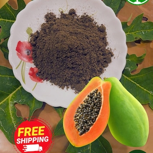 以下が含まれることがあります： 「PAPAYA SEEDS POWDER」の文字が入った、濃い茶色のパパイヤシードパウダーの山が乗った白いお皿。オレンジ色の果肉と黒い種が入った半分にカットされたパパイヤが、緑色のパパイヤの隣にあります。画像には「100% ORGANIC」の文字が含まれています。