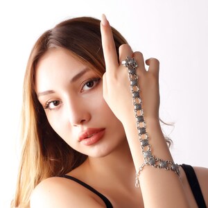 Beaded Hand Chain Bracelet by Caitlyn Minimalist • Beaded Hand Jewelry and Chain Ring • Boho Wedding Jewelry •