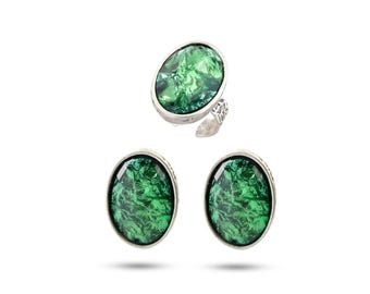 Green Stone Ring and Earring Set: Antique Silver Plated, Adjustable