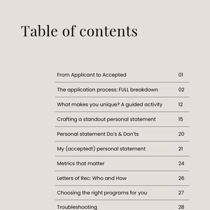 Peut inclure: Table des mati&egrave;res d'un guide sur la candidature &agrave; l'&eacute;cole sup&eacute;rieure. Les sujets abord&eacute;s comprennent le processus de candidature, les lettres de motivation, les lettres de recommandation et le choix des programmes ad&eacute;quats.