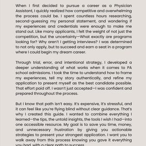 Peut inclure: Un guide pour les aspirants assistants m&eacute;dicaux, d&eacute;crivant les d&eacute;fis et les strat&eacute;gies pour r&eacute;ussir le processus de candidature. Le texte souligne l'importance d'une d&eacute;claration personnelle bien r&eacute;dig&eacute;e, d'une narration authentique et d'une voie claire vers le succ&egrave;s.