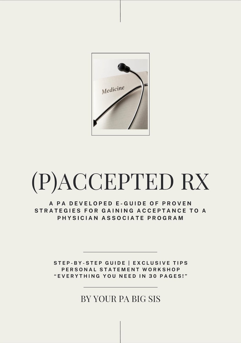 Peut inclure: Un guide pour les candidats &agrave; l'assistanat de m&eacute;decin intitul&eacute; "(P)ACCEPTED RX: Un guide &eacute;lectronique d&eacute;velopp&eacute; par un PA de strat&eacute;gies &eacute;prouv&eacute;es pour obtenir l'acceptation &agrave; un programme d'assistanat de m&eacute;decin". Le guide comprend un guide &eacute;tape par &eacute;tape, des conseils exclusifs et un atelier de r&eacute;daction de lettre de motivation. La couverture pr&eacute;sente un st&eacute;thoscope sur un livre avec le mot "M&eacute;decine" imprim&eacute; dessus.