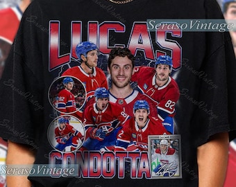 May include: Black t-shirt featuring a collage of hockey players in red and blue uniforms. The design includes the name "LUCAS CONDOTTA" in red and white lettering, with the "Seraso Vintage" logo.