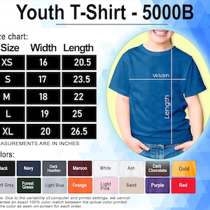 May include: Youth T-shirt size chart with measurements in inches. The chart shows sizes XS through XL with corresponding width and length measurements. The chart is accompanied by a color chart showing various colors available for the t-shirt.