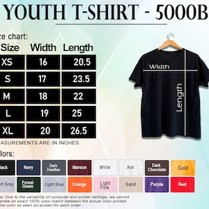 May include: Black youth t-shirt on a hanger, with a size chart and color options. The size chart shows measurements in inches, with widths from 16 to 20 inches and lengths from 20.5 to 26.5 inches. Color options include black, navy, and maroon.