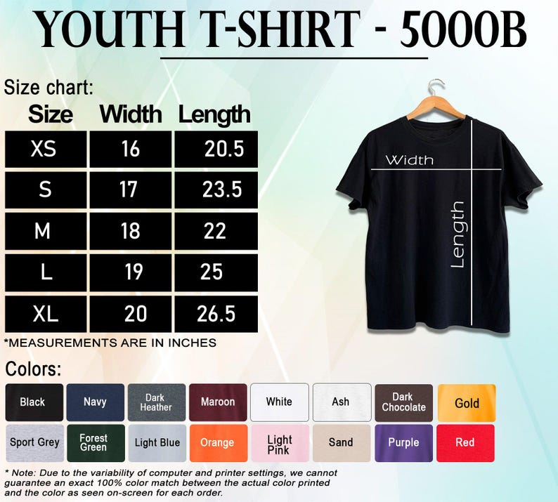 May include: Black youth t-shirt on a hanger, with a size chart and color options. The size chart shows measurements in inches, with widths from 16 to 20 inches and lengths from 20.5 to 26.5 inches. Color options include black, navy, and maroon.
