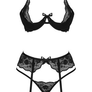 Rose Detail Low Cut Black Lingerie Set