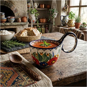 Hand-Painted Stoneware Soup Mug, Floral Ceramic Bowl, Pera Pottery Kitchenware