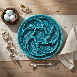 以下が含まれることがあります： 白のフローラルパターンで飾られた、6つの花びら型のコンパートメントを備えたターコイズセラミックサービングプラッター。パステルカラーの卵とシルバースプーンが入った巣の隣に、ベージュのランナーの上にプラッターが置かれています。