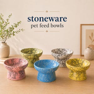 May include: A collection of stoneware pet feed bowls in various colors, including pink, yellow, blue, green, and white. Each bowl has a speckled pattern and a pedestal base. The text "stoneware pet feed bowls" is displayed.