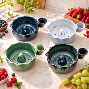 May include: Four ceramic citrus juicers in dark blue, light blue, sage green, and teal. Each juicer features a scalloped rim, a central reamer with drainage holes, and a small side handle. The bowls are arranged on a marble surface with fresh berries.